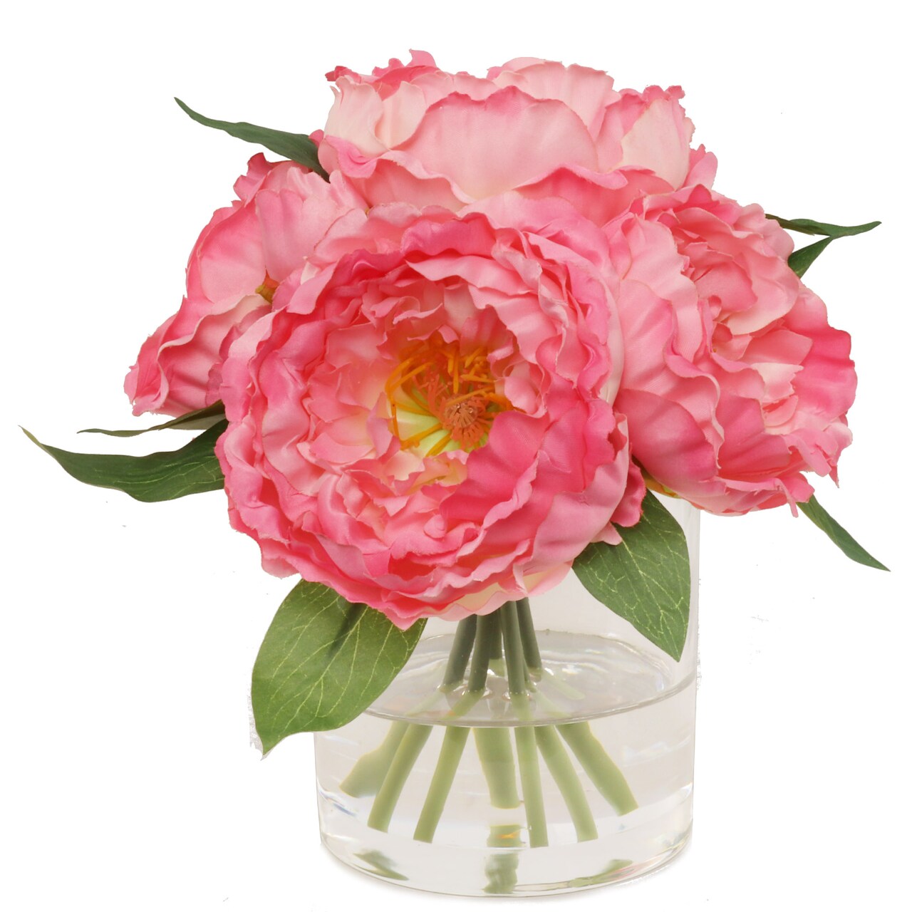 Luxury Blooms Lush Pink Peony Arrangement with 7 Fronds in Sophisticated Glass Vase - Real Looking Artificial Flowers for Home Decor, Elegant Table Centerpiece, Office Enhancer, Wedding and Special Occasion Decorations